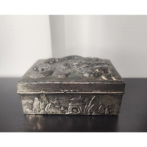 mint Antique Japanese metal tin trinket jewelry box wood lined Cigarette Tobacco - Picture 2 of 7